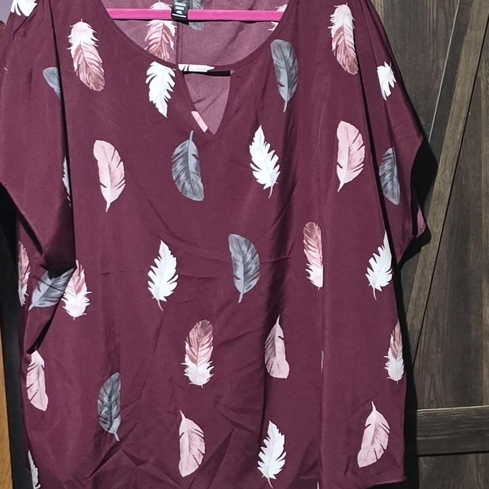 SHEIN Burgundy Feather Print Blouse